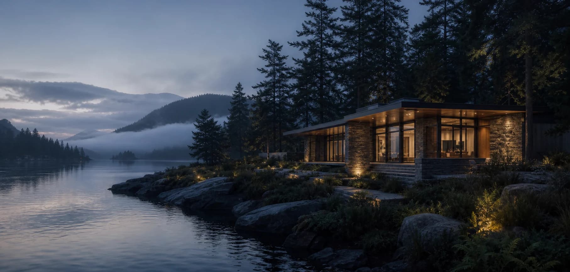 Contemporary waterside residence in Washington at blue hour